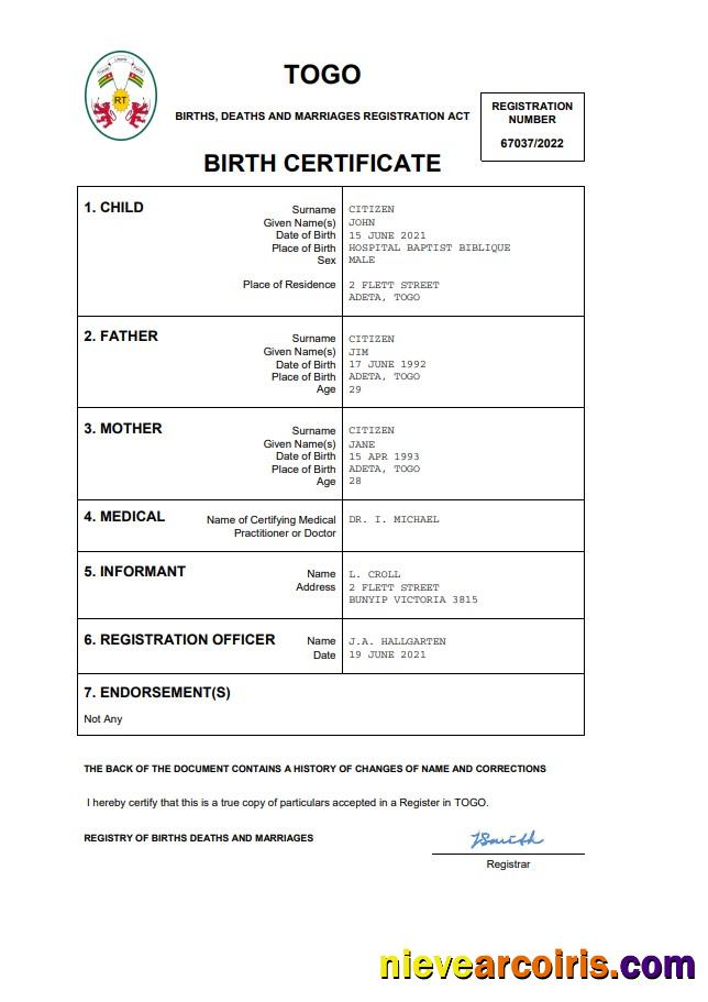 Togo vital record birth certificate